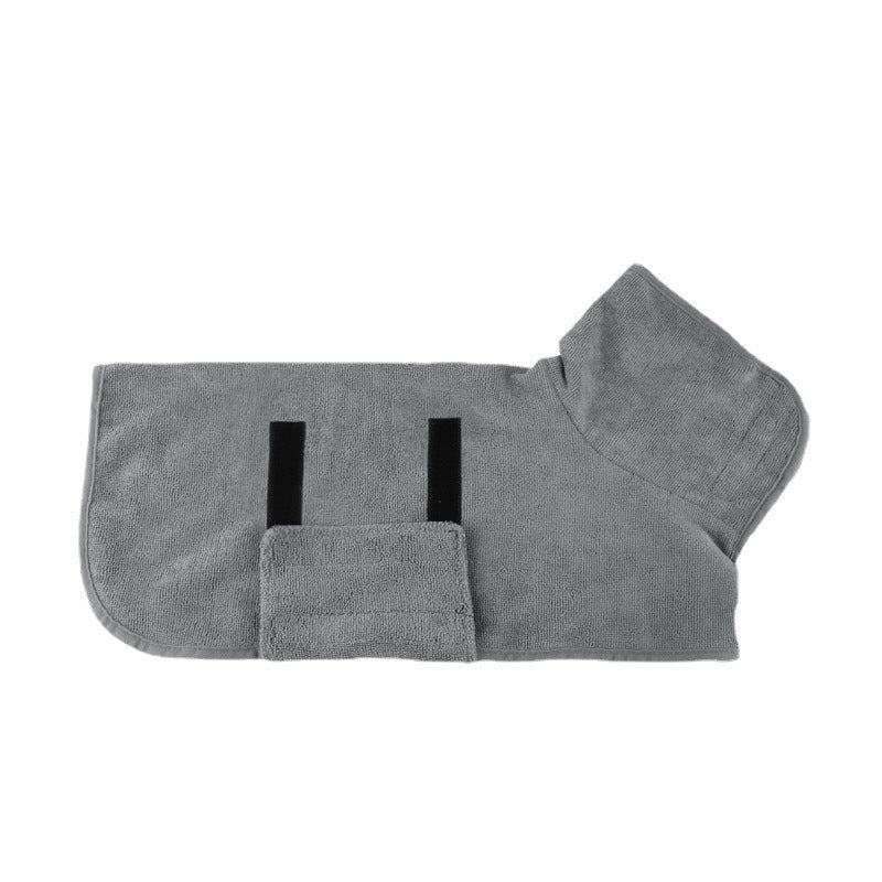 Grey dog drying robe laid flat showing the belly straps
