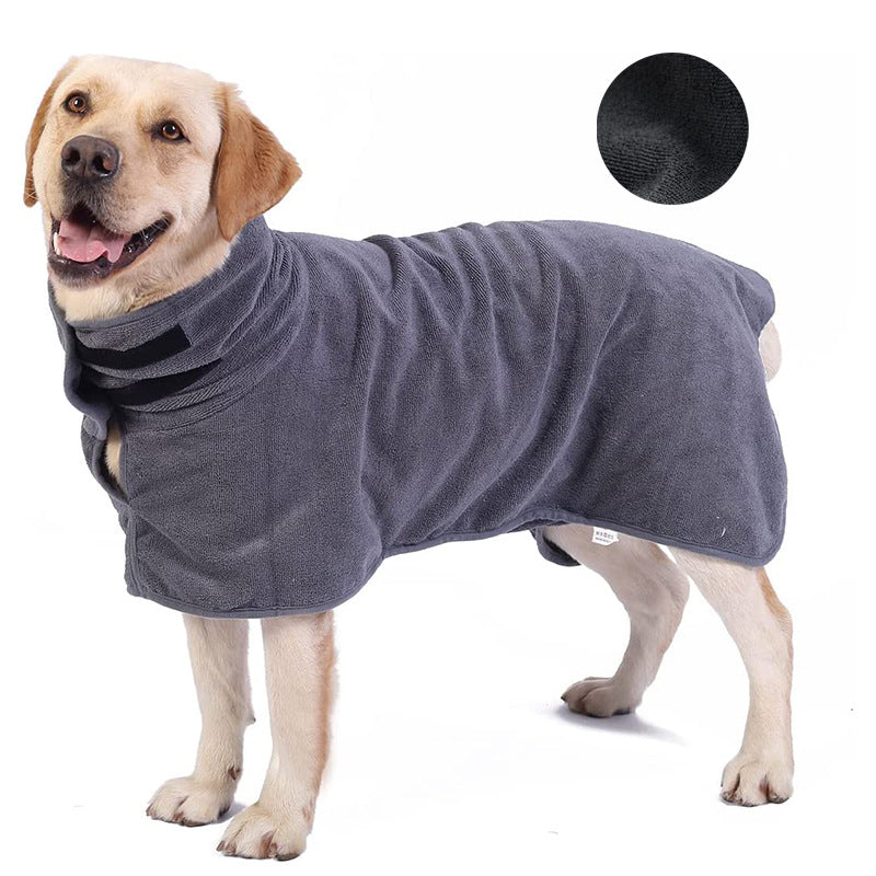 Labrador wearing the grey colourway of the drying robe
