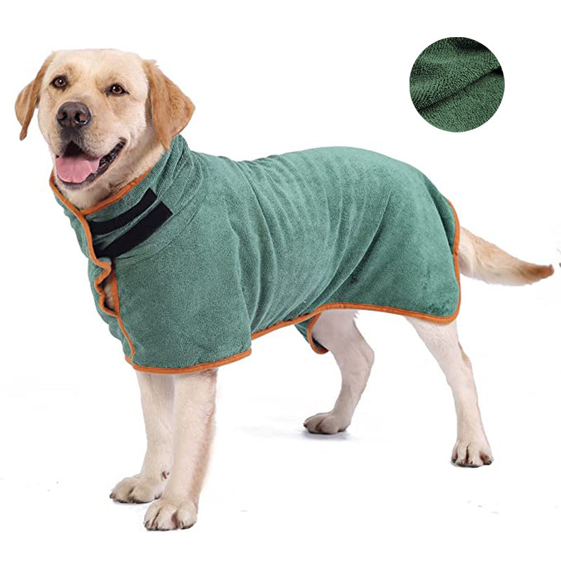 Labrador wearing a green quick-dry dog drying robe