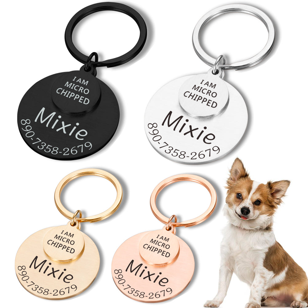 Round engraved pet ID tags in black, silver, gold and rose gold