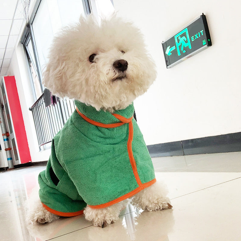 Small white dog wearing a green drying robe indoors