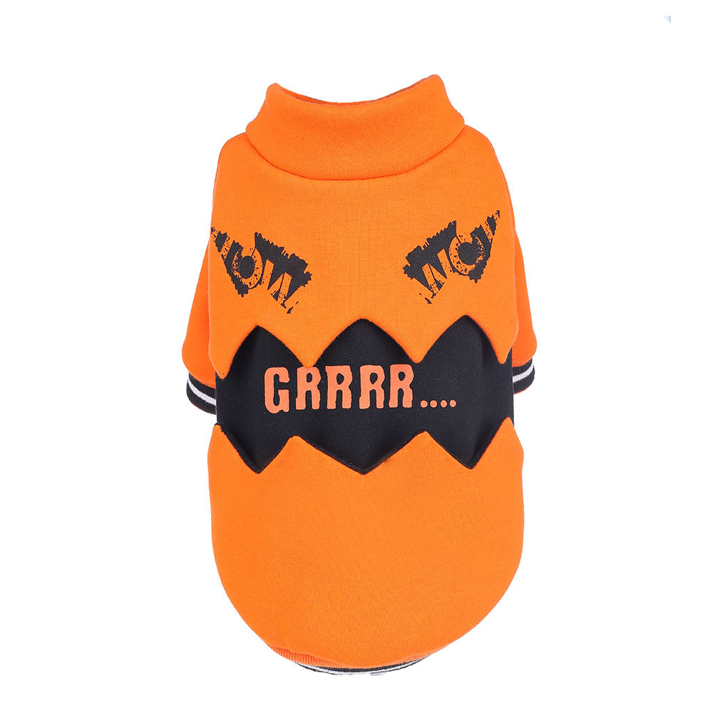 Pumpkin style pet Halloween costume — orange sweater on display