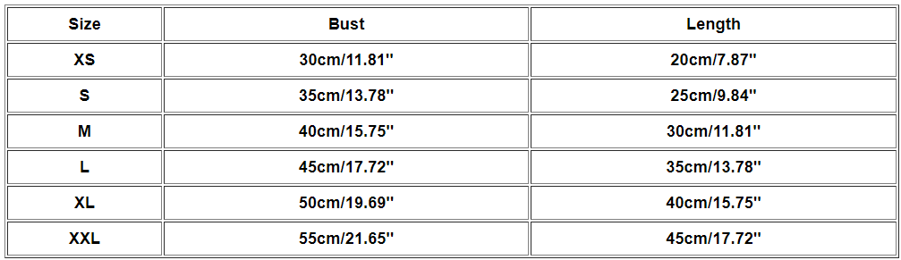 Size chart showing chest and back length for XS to XXL