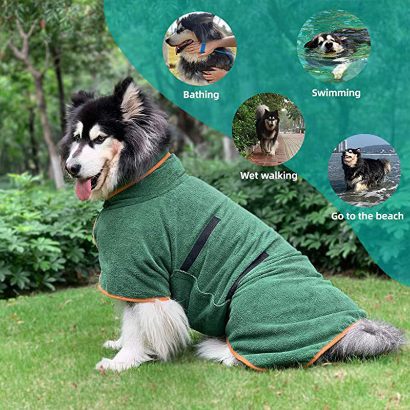 Husky in a green drying robe outdoors after a walk